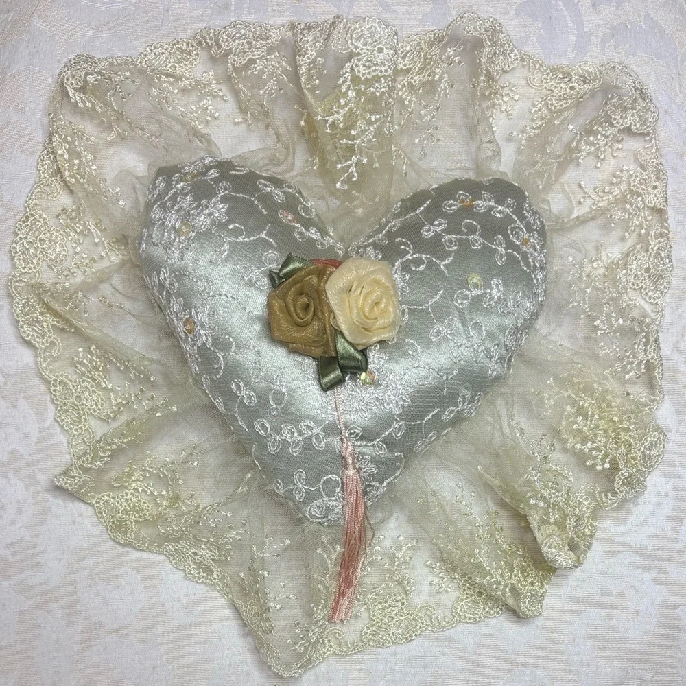 Victorian French Lover Lace Heart Pillow Hand Crafted Vintage Cottage Decor Pink